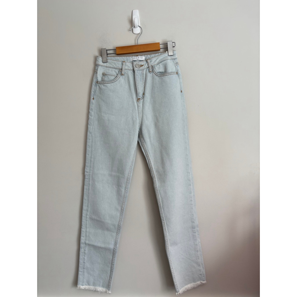 Sandro Women's Size 4 Light Wash High Rise Straight Leg Raw Hem Jeans Luxury